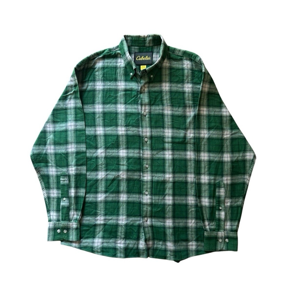 Cabela's Plaid Flannel Long Sleeve Button Down Shirt Men's Size XL Dark Green